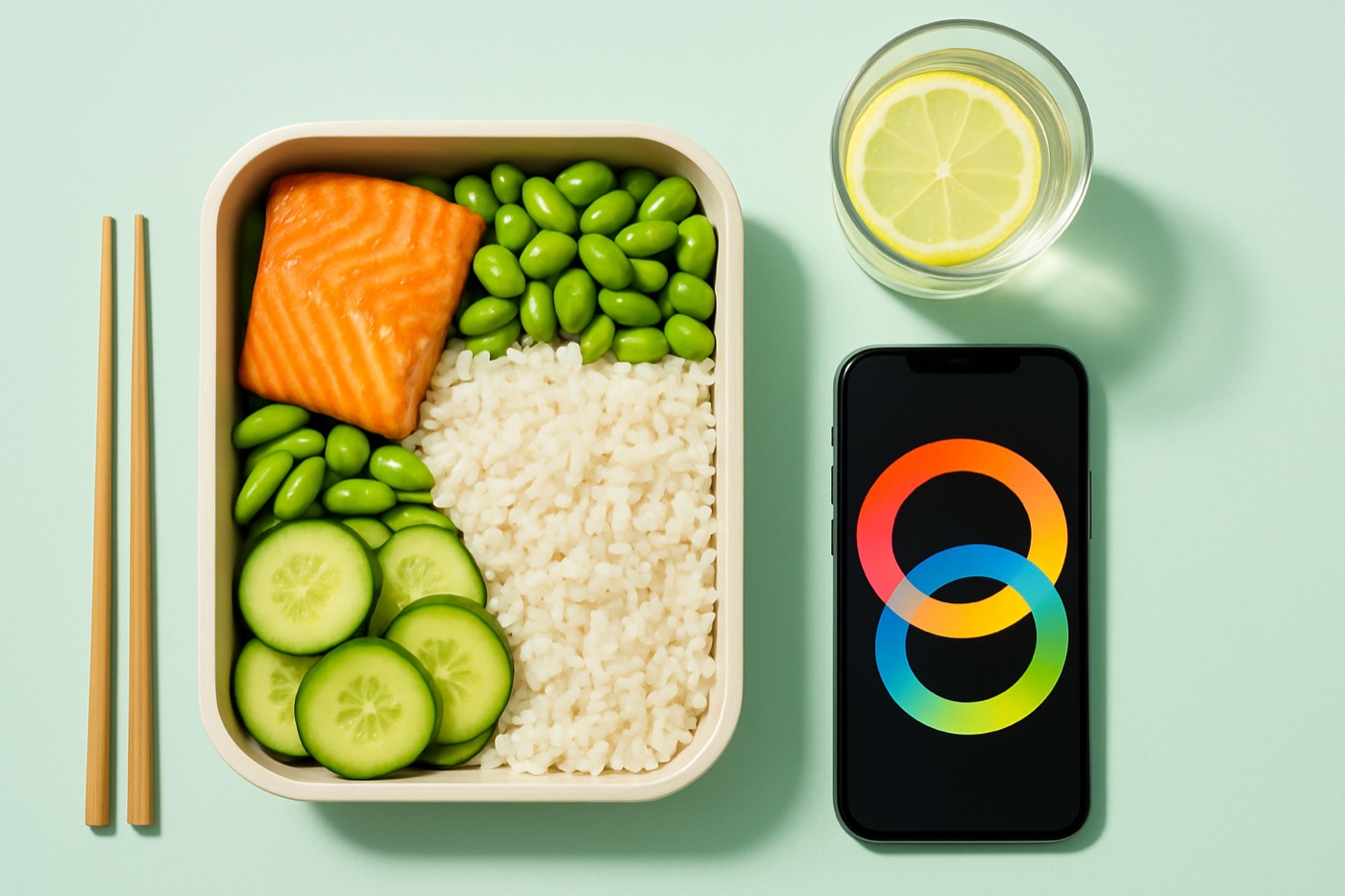 A bento lunch box with salmon, rice, edamame and cucumber next to chopsticks, a phone and a glass of lemon water on a mint background