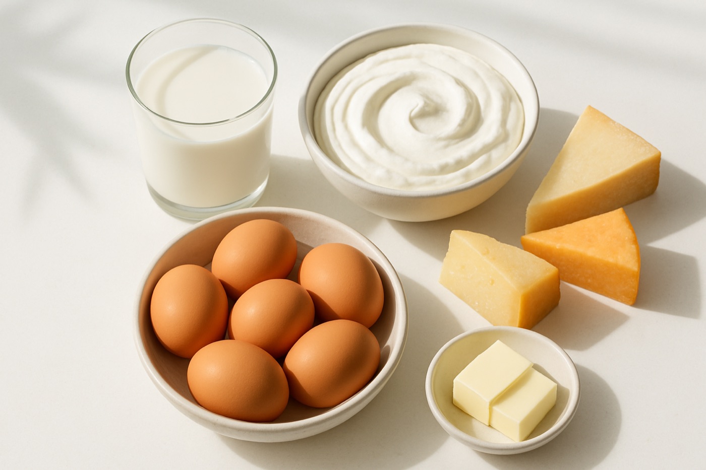 A glass of milk, a bowl of Greek yogurt, eggs in a ceramic dish, wedges of cheese and a small dish of butter