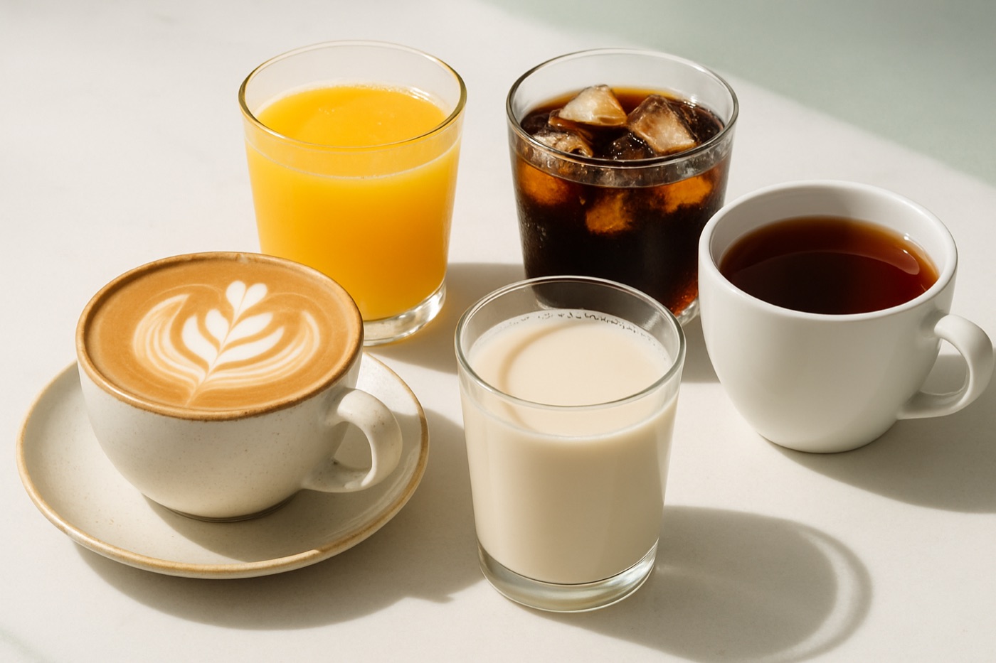A latte, a glass of orange juice, a can-shaped glass of cola, a cup of black tea and a glass of oat milk on a café counter