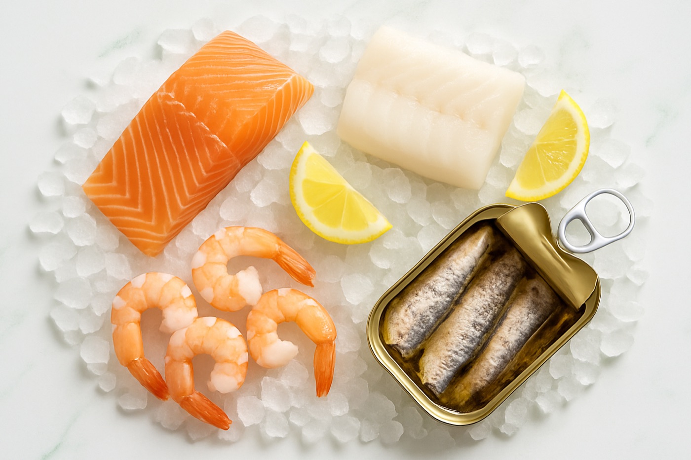 A salmon fillet, cod loin, shrimp and an open tin of sardines on crushed ice with lemon wedges