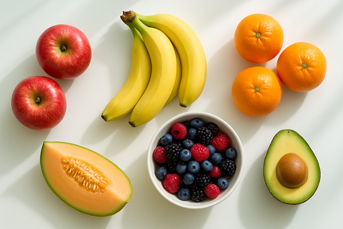 A wooden table with apples, bananas, oranges, a bowl of berries, sliced melon and a halved avocado