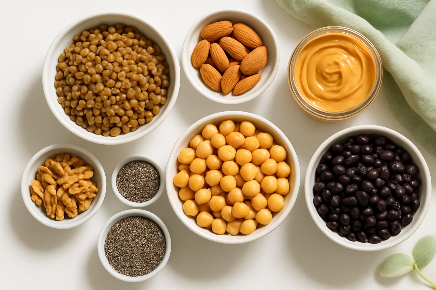 Bowls of cooked lentils, chickpeas and black beans next to small dishes of almonds, walnuts, chia seeds and peanut butter