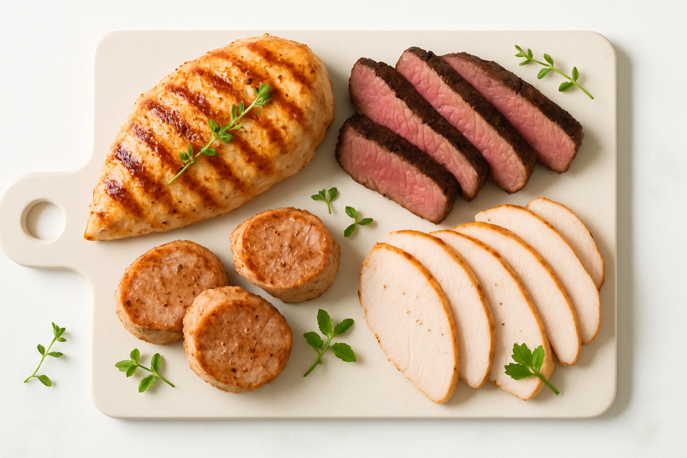 Grilled chicken breast, a sliced sirloin steak, pork tenderloin and turkey slices on a wooden board