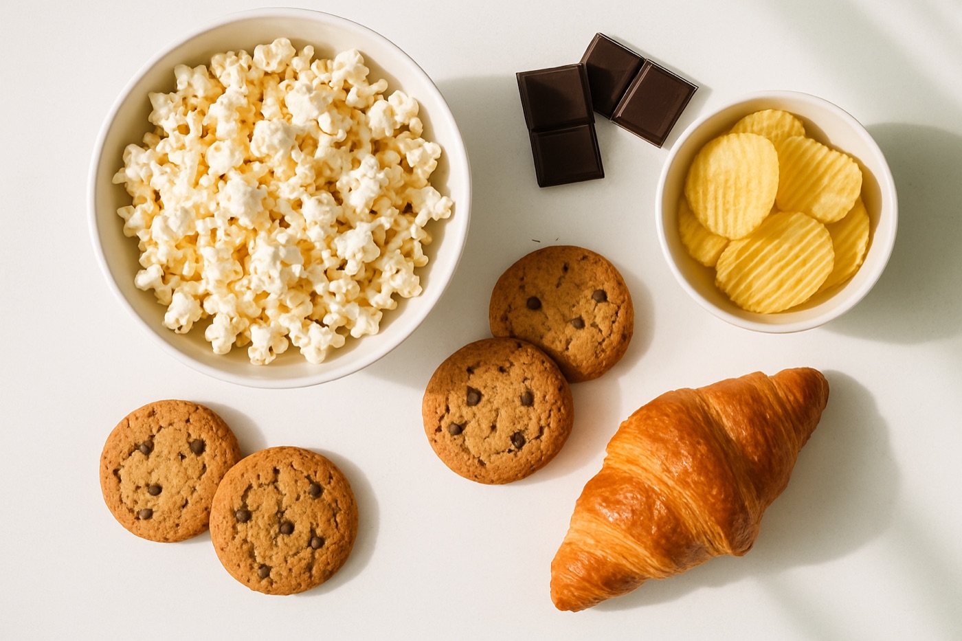 A bowl of popcorn, a few squares of dark chocolate, potato chips, two cookies and a croissant on a pale table