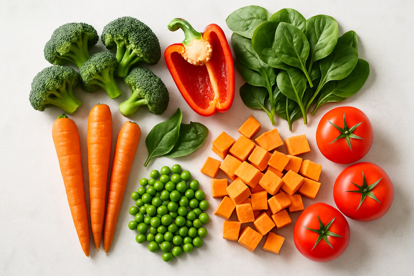 Broccoli, carrots, red peppers, spinach, tomatoes, sweet potatoes and peas arranged on a light stone counter