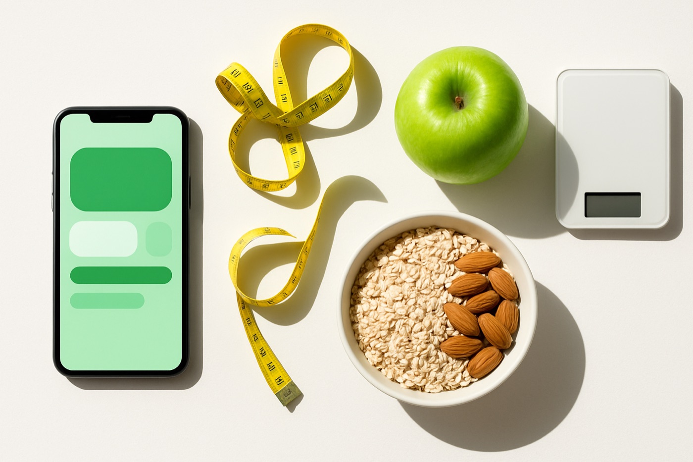 A phone, a measuring tape, a green apple, a kitchen scale, oats and almonds laid out on a white surface