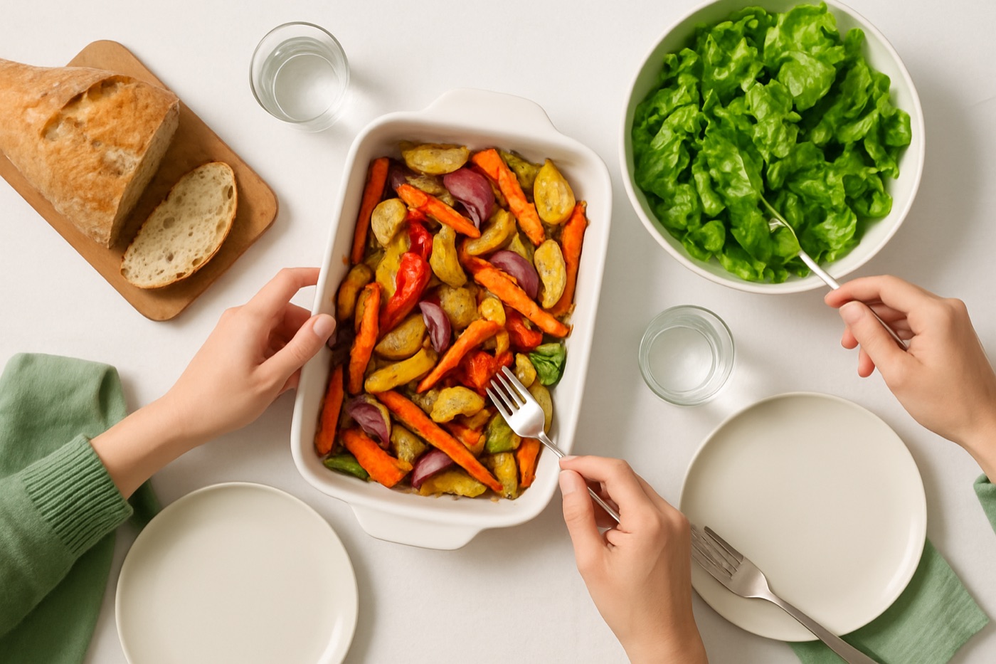 A relaxed family dinner table with a roast vegetable dish, salad, bread and glasses of water, seen from above