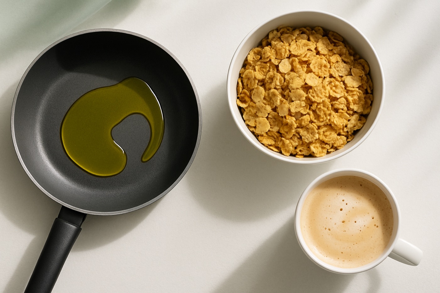 A frying pan with a generous pour of olive oil, a bowl of cereal filled to the brim and a latte, on a kitchen counter