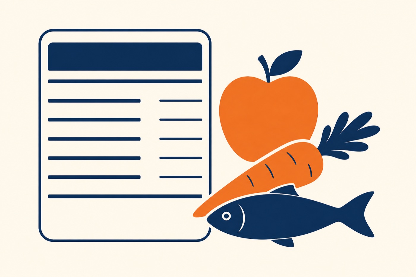 Flat illustration of a nutrition label shape with blank lines beside an apple, a carrot and a fish