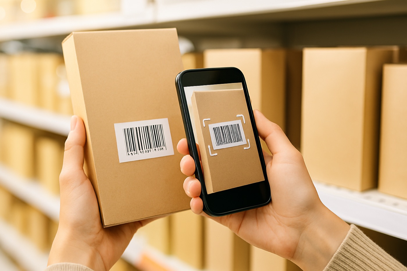 A hand holding a phone to scan the barcode on a plain cereal box in a supermarket aisle